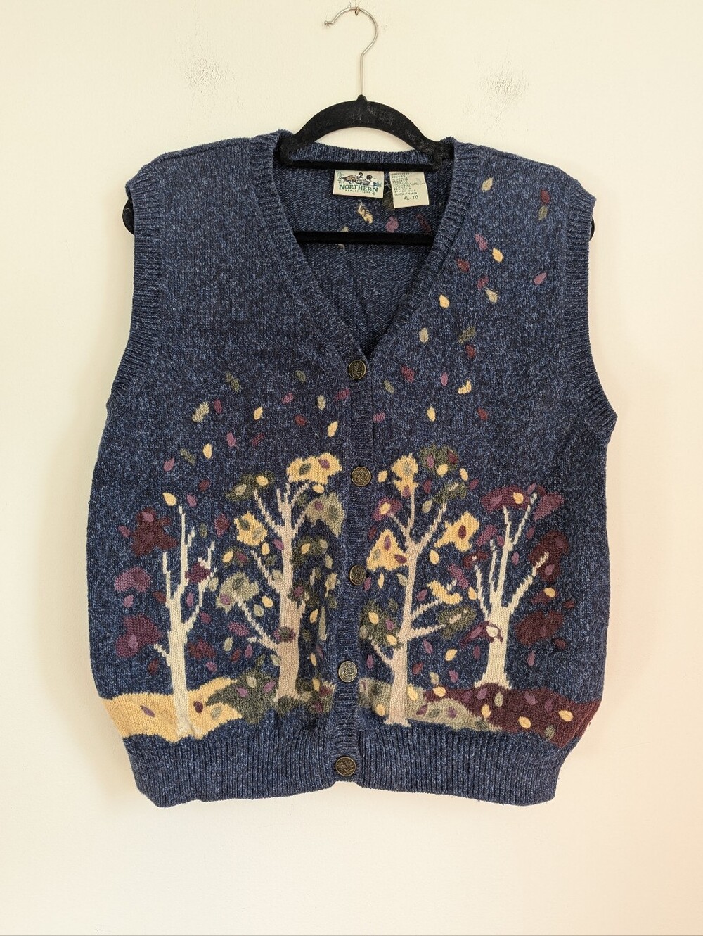 Vintage Northern Reflections Wool Blend Knit Sweater Vest Fall Tree Leaves XL